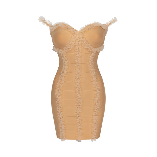 MENA NUDE BANDAGE RUFFLE DRESS