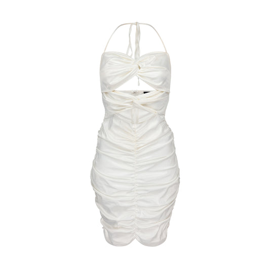 IMONI IVORY SATIN HALTER DRESS