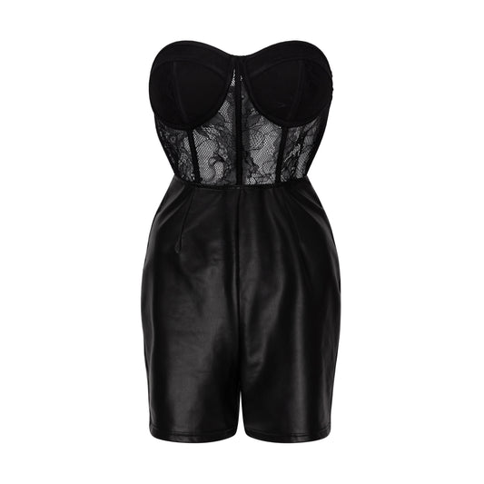 SISI - Black Corset Leather Lace Playsuit